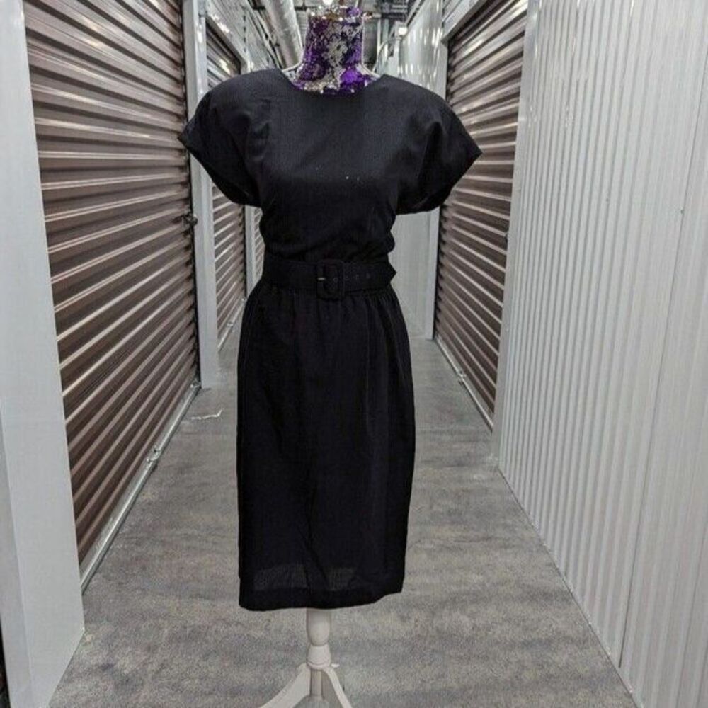 Vintage California Girl Puff Sleeve Black Belted‎ Dress Made in USA - Size 12